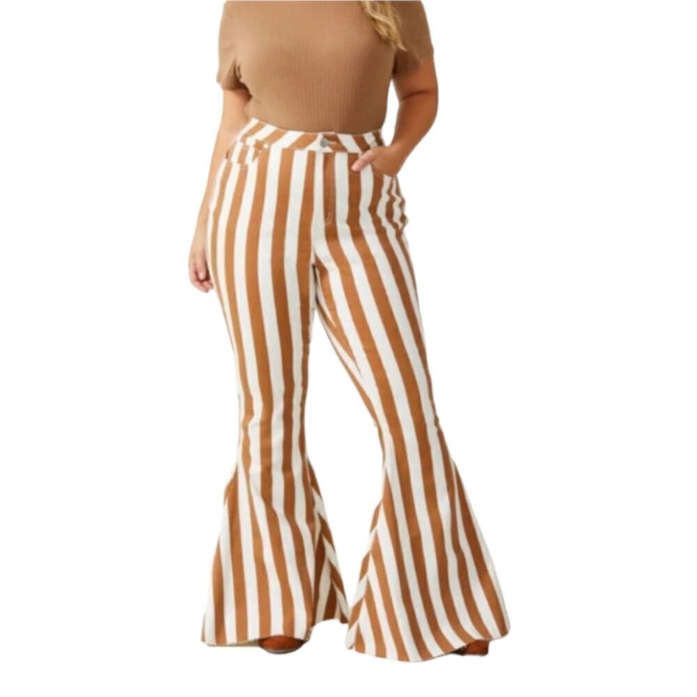 NEW ARULA brown and ivory striped Alden super flare high waist hippie jeans 16